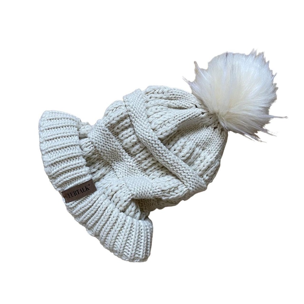 Furtalk Pompom Beanie Hat OS Cream White Women Cable Knit Faux Fur